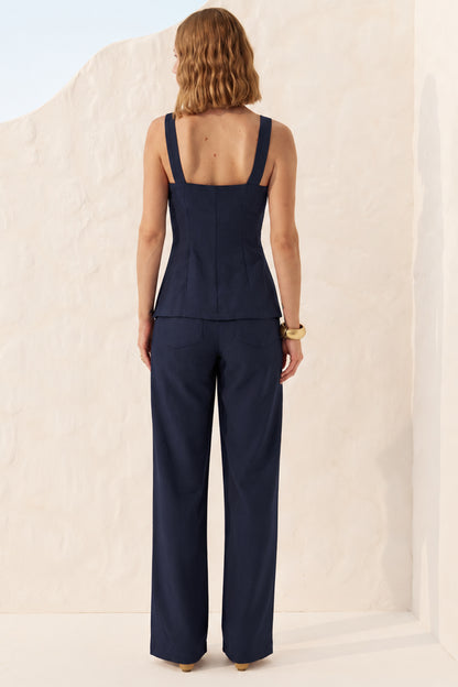 Calça wide leg nervura azul marinho Fato Básico