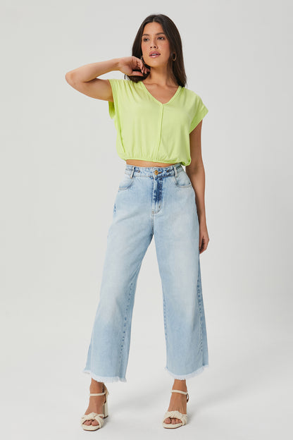 Calca wide leg cropped jeans Fato Básico - FATO BÁSICO