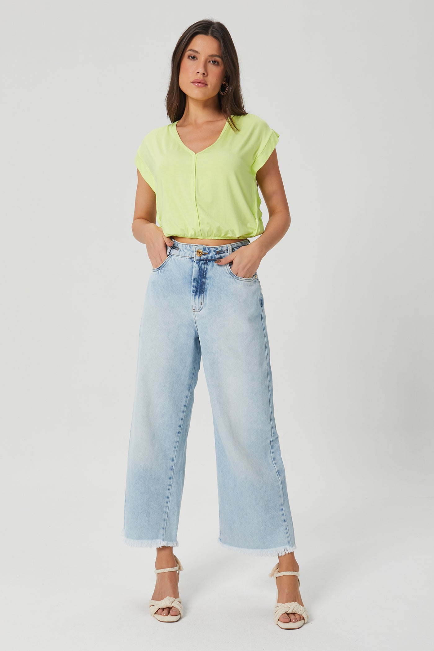 Calca wide leg cropped jeans Fato Básico - FATO BÁSICO