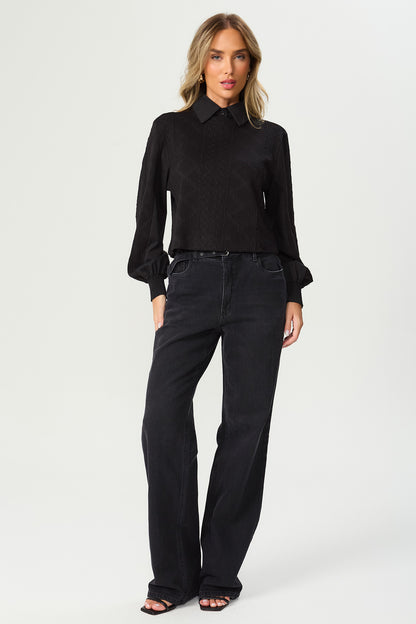 Calça jeans wide leg preta Fato Básico