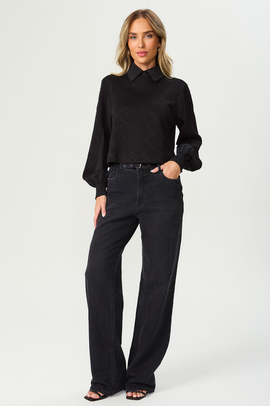 Calça jeans wide leg preta Fato Básico