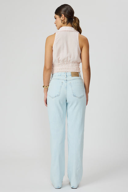 Calça jeans wide leg feminina azul claro Fato Básico