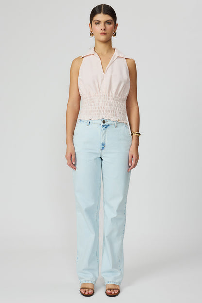 Calça jeans wide leg feminina azul claro Fato Básico