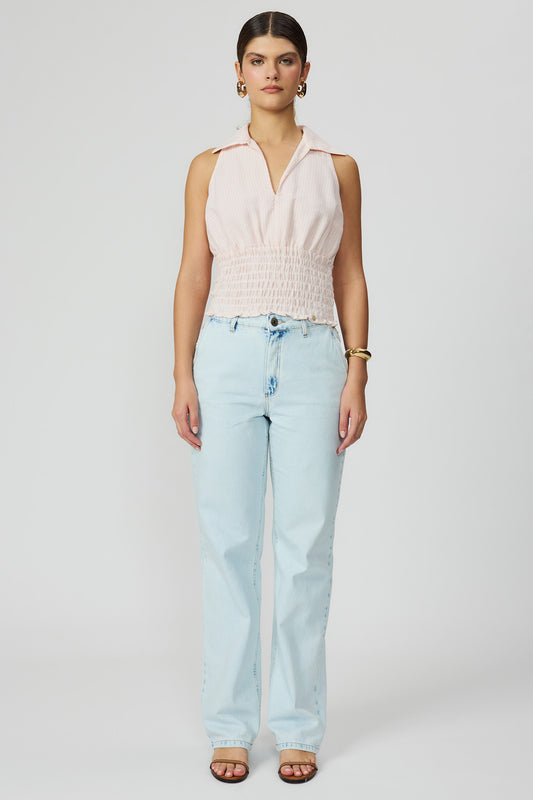 Calça jeans wide leg feminina azul claro Fato Básico