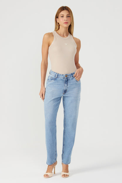 Calça jeans reta abertura lateral Fato Básico