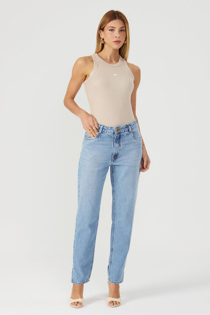Calça jeans reta abertura lateral Fato Básico
