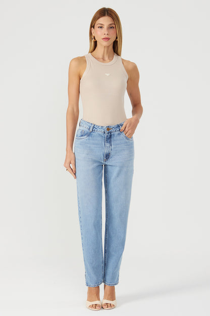 Calça jeans reta abertura lateral Fato Básico