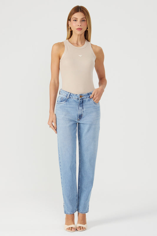 Calça jeans reta abertura lateral Fato Básico