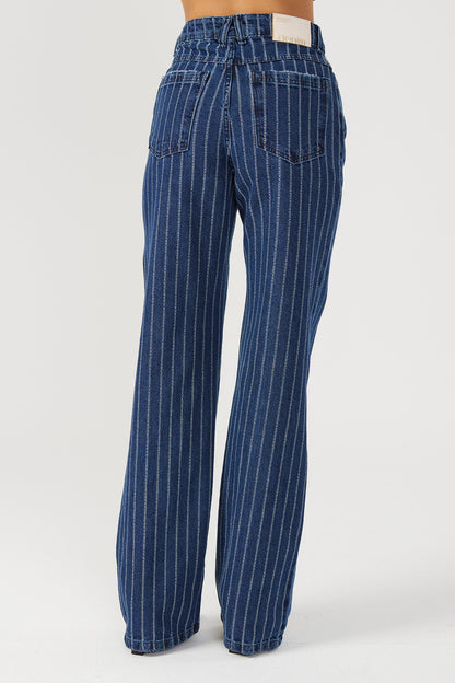 Calça jeans wide leg listrada Fato Básico