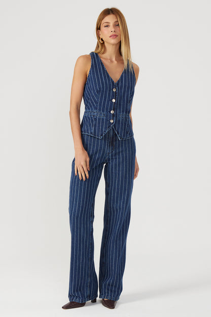 Calça jeans wide leg listrada Fato Básico