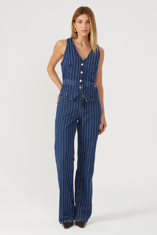 Calça jeans wide leg listrada Fato Básico