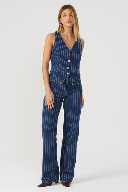 Colete jeans alongado listrado Fato Básico