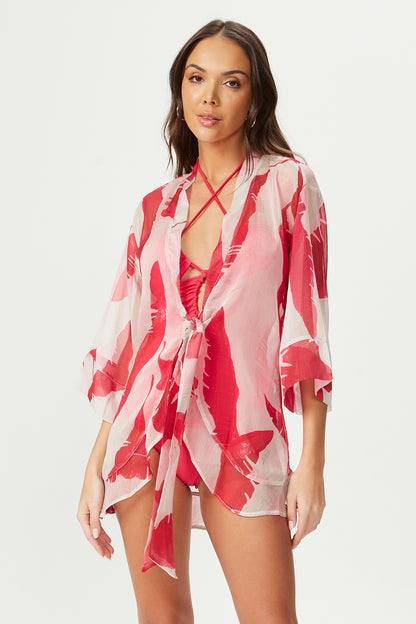 Kimono estampado com babado rosa Fato Básico - FATO BÁSICO