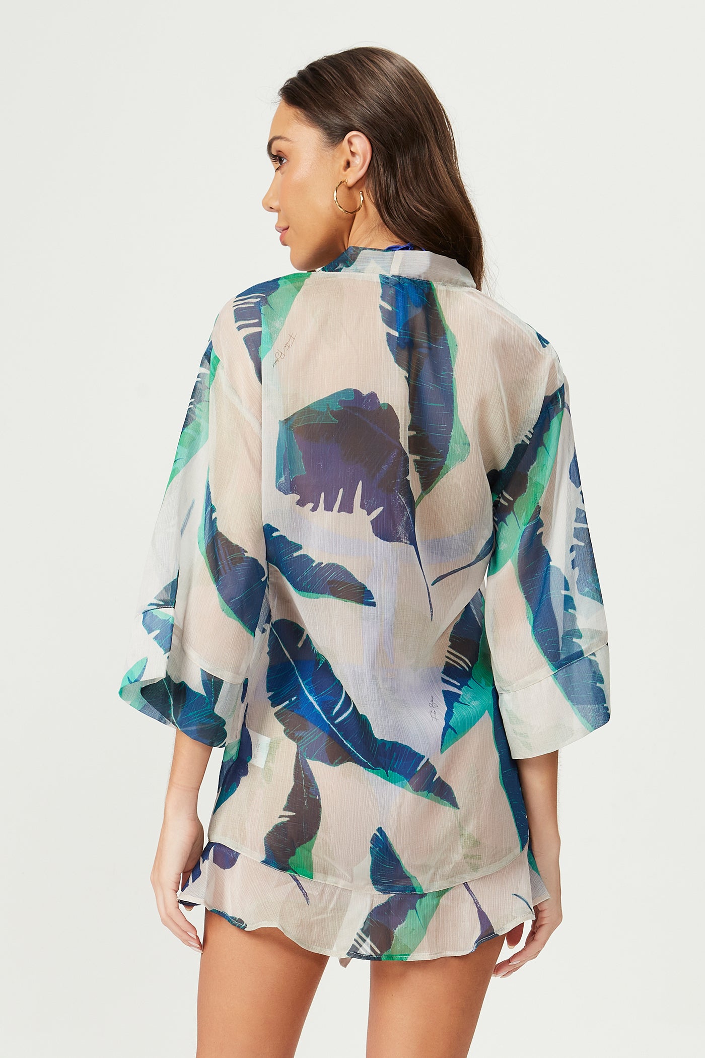 Kimono estampado com babado azul Fato Básico - FATO BÁSICO