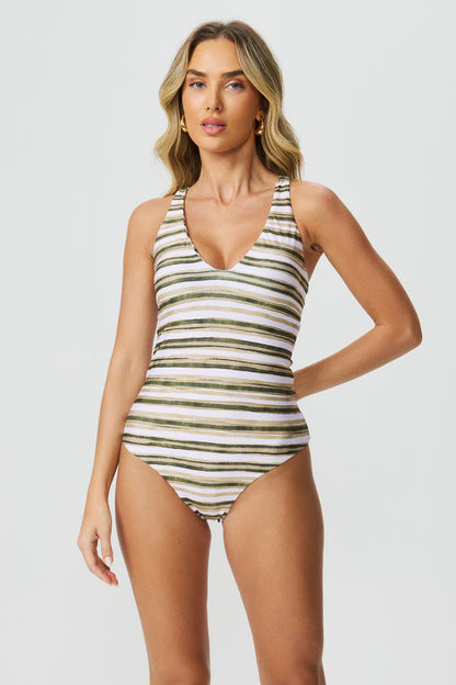 Maiô estampado listrado com costas cruzadas Fato Básico