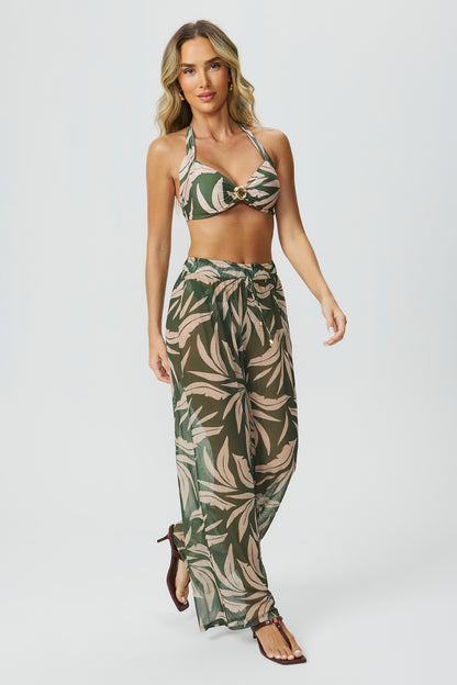 Saída calça tule estampado verde Fato Básico