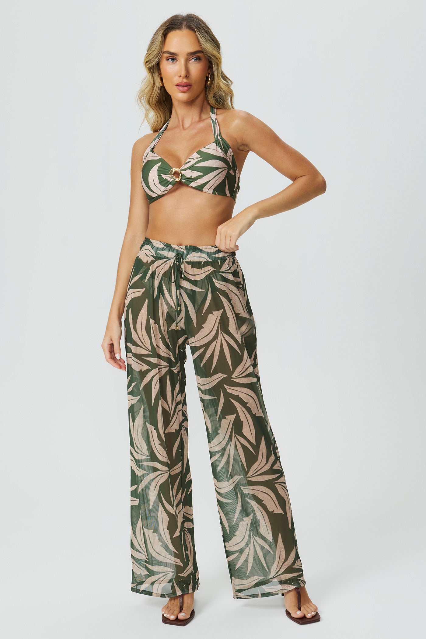 Saída calça tule estampado verde Fato Básico