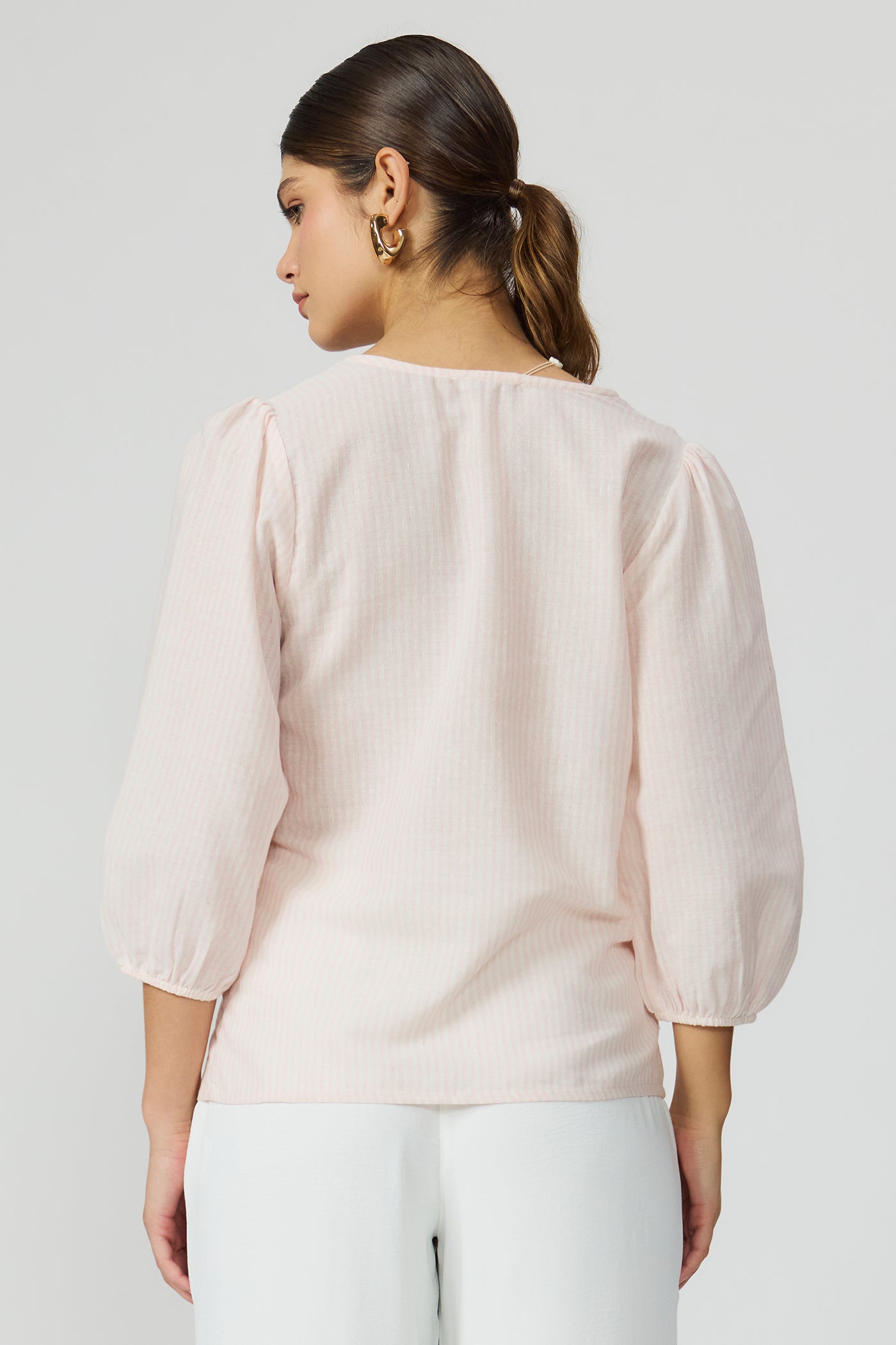 Blusa listrada rosa feminina manga 3/4 Fato Básico